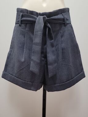 High-Rise Paperbag Tie-Waist Women’s Shorts - Black And Grey Tweed Fabric Sz S